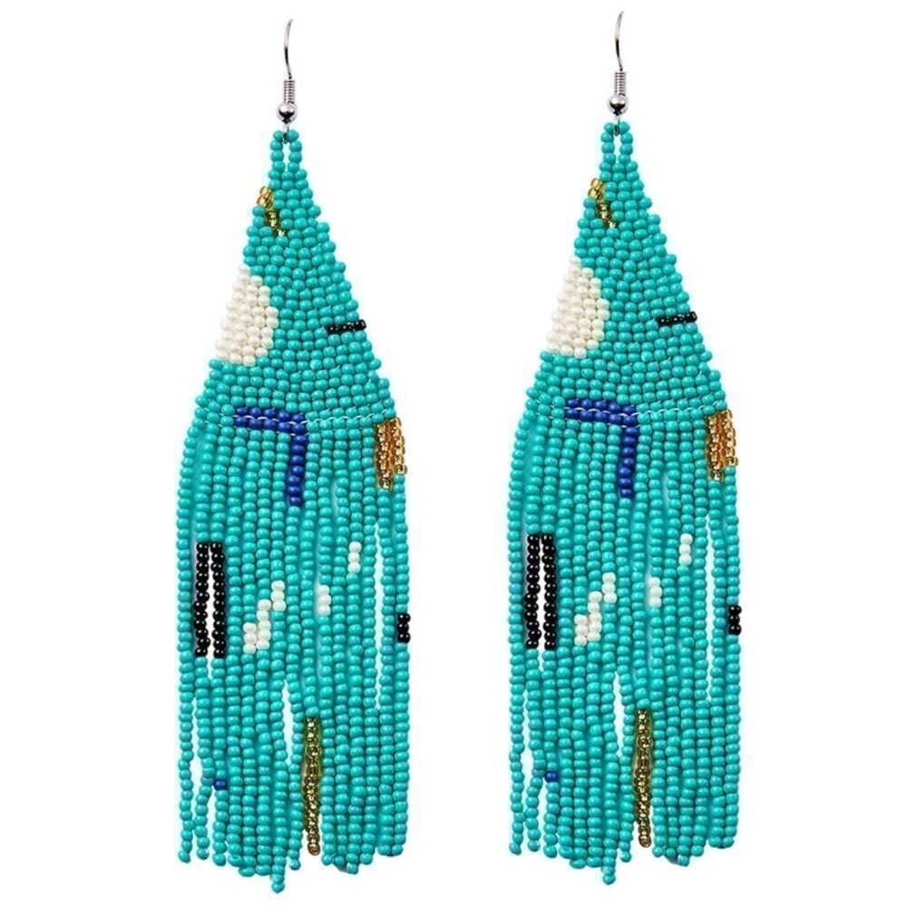 Geometric Boho Seed Bead Tassel Dangling Statement French Wire Hook Earrings